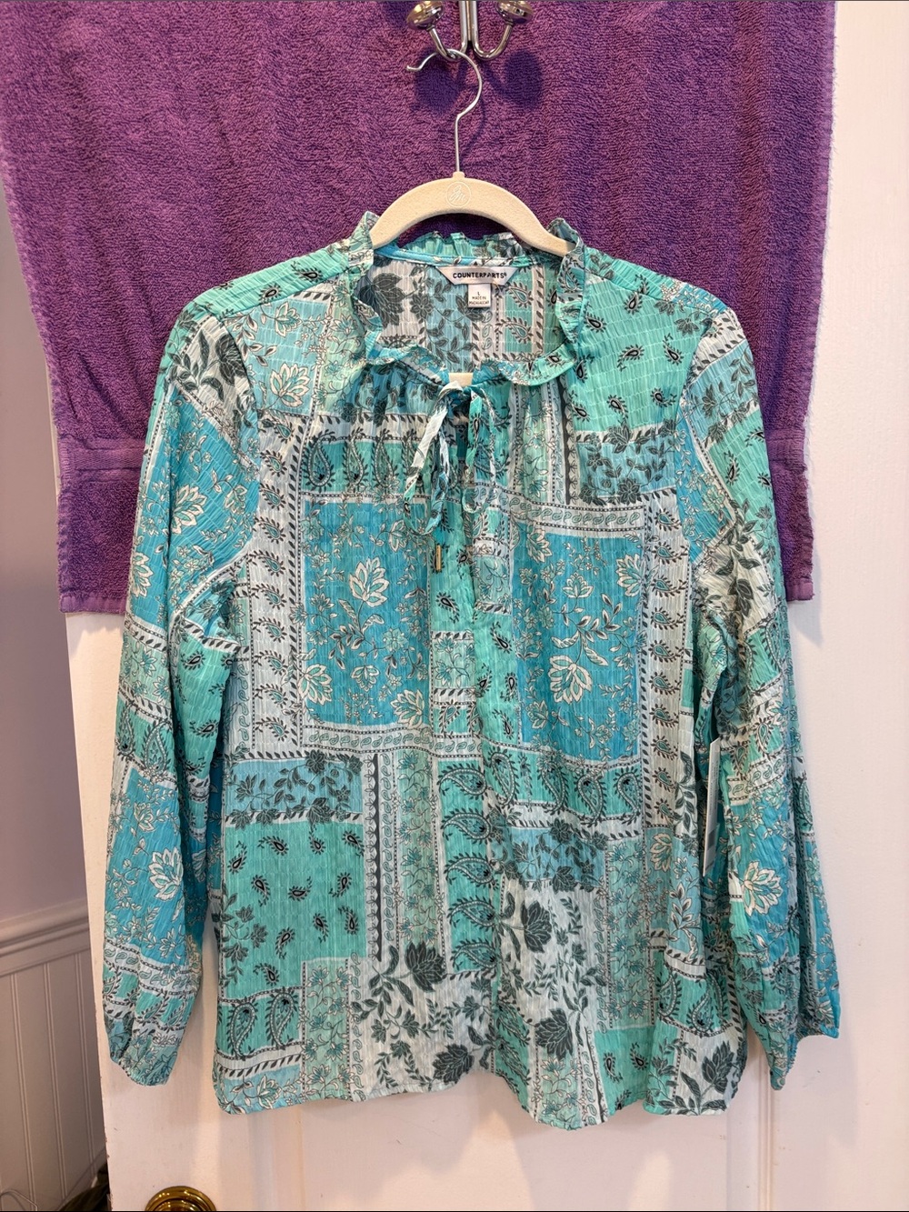 NWT Counterparts Turquoise Patchwork Tie-Neck Blouse